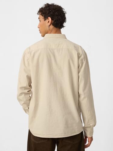 Image of The Souled Store Solids : Ecru Beige Men and Boys Collared Neck Long Sleeve Button Front Regular Fit Cotton Linen Shirt