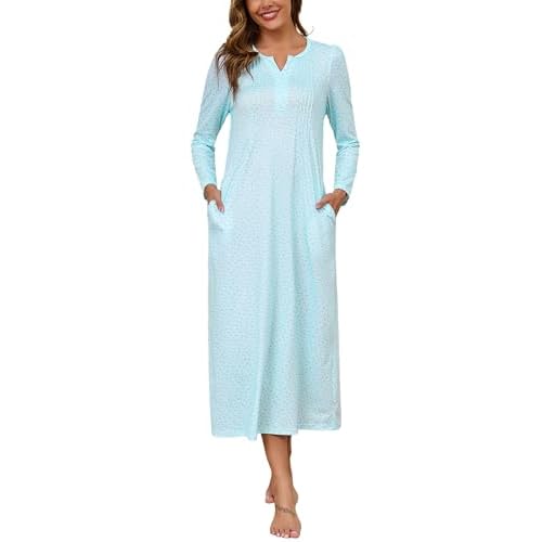 Marvmys Womens Cotton Long Sleeve Nightgowns Soft Ladies Sleep Shirts V Neck Full Length Night Shirts Sleepwear with Pockets Light Blue Floral XX-Large