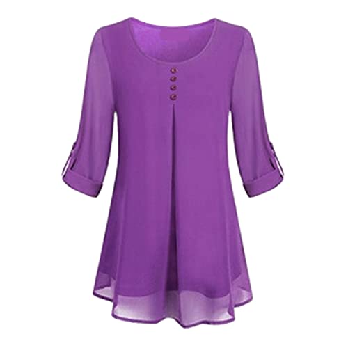 GDOV Damen Elegant Chiffon Shirts Oberteile für Frühling Sommer Langarm Rundhals Knopfleiste Büro Blusen Tunica Tops Einfarbig Große Größe Locker Oberteil Leicht Coole Bequem Langarmshirts Hemdbluse Cover