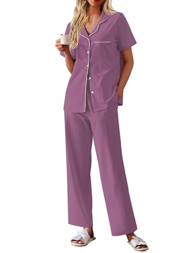 Image of Ekouaer Women's 100% Cotton Pajamas Set Short Sleeve Button Down Pjs 2 Piece Soft Sleepwear with Long Pants Lounge Set