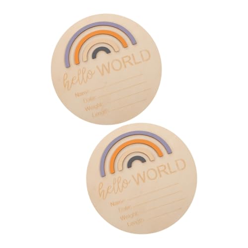 VICASKY 2 Pcs Name Sign Baby Month Cards Birth Announcement Board Rainbow Wooden Round Sign