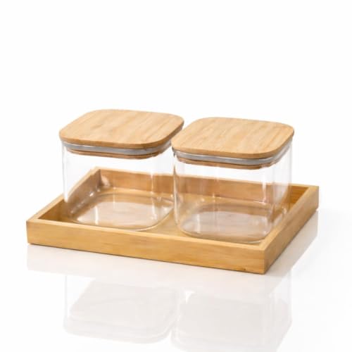 Image of Borosilicate Glass Storage Jar Set with Tray (Transparent, Set of 2-Squar)