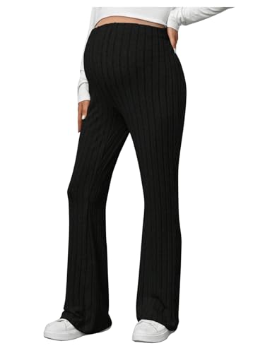 Image of BEAUDRM Women's Maternity Casual Adjustable High Waist Solid Flare Leg Ribbed Knit Pants Trousers Black Large