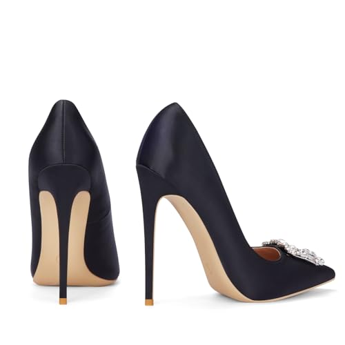 Elisabet Tang Women's High Heels,4.72 Inch Satin Glitter Rhinestone Stiletto Pumps for Women Sexy Closed Pointed Toe Heels Elegant Versatile Wedding Bridal Party Dress Shoes4