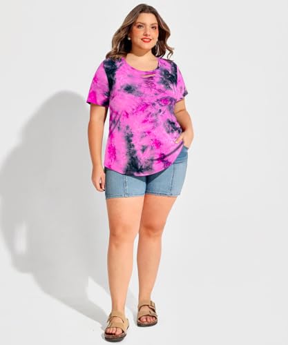Image of CARCOS Plus Size Tops for Women Short Sleeve Shirts Basic Tee Solid Color Blouse V Neck Tunic Loose Fit Tshirts Summer XL-5XL