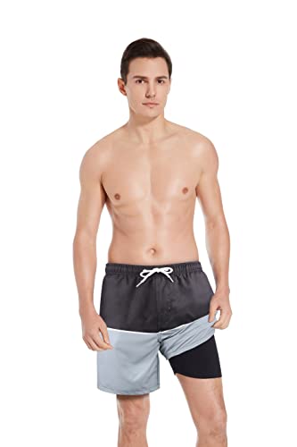 7" Swim Trunks With Compression Liner,Men Bathing Suits With Boxer Brief Lined No Chafed Quick Dry For Beach Swim Outdoor Sports 18" Long(Black Gray,Small) #TOP7