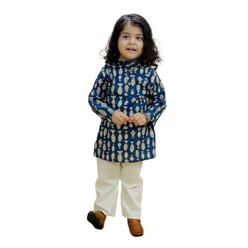 BownBee Pure Cotton Fish Print Full Sleeve Kurta Pajama for Boys- Indigo (Set of 1) Traditional Ethnic Wear Kurta Payjama Set for Kids Age_ 4-5 Years