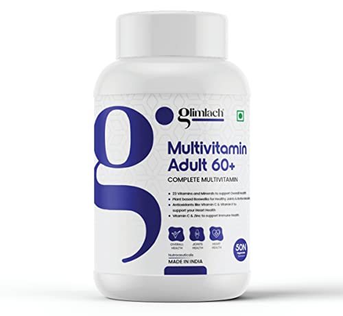 Image of GLIMLACH Multivitamins For 60+ Age, 50 Multivitamin Tablets, with Zinc, Vitamin C, Vitamin D3, Multiminerals and Enhances Energy, Stamina & Immunity | Tablet Combination for Adults 60 Plus | Multivitamin and Mineral Blend Tablet Pack