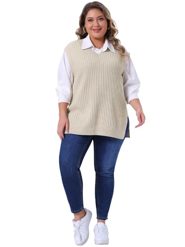 Agnes Orinda Plus Size Sweater Vest for Women V Neck Sleeveless Pullover Split Hem Knit Vest Classic Sweater Tops3