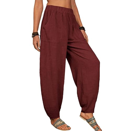 Women's Cotton Tapered Trousers Drawstring Elastic Stretch Solid Pants Casual Summer Comfy Long Pants with Pockets3