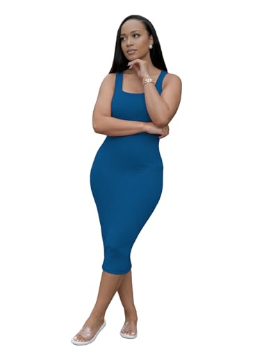 Image of TOPSRANI Women Sexy Midi Dress Bodycon Casual Sleeveless Basic Ruched Tank Summer Club Party Dresses