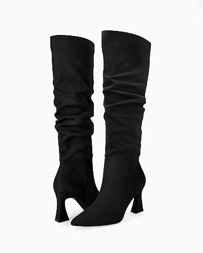 Image of Coutgo Women's Slouchy Knee High Boots Wide Calf Pointed Toe Side Zipper Chunky Heel Long Boots Winter Shoes