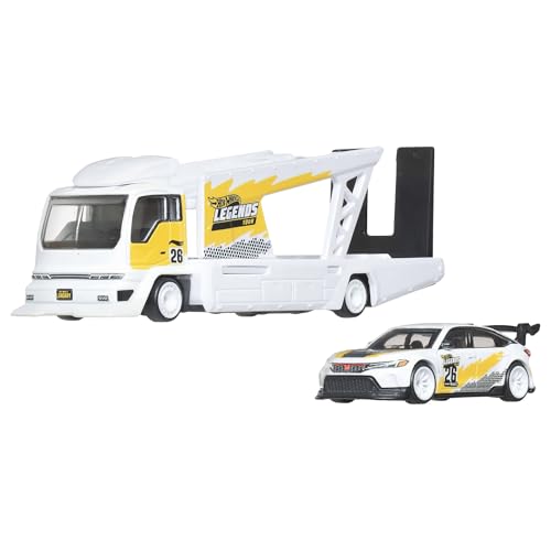 Image of Hot Wheels Premium Toy Cars, 1:64 Scale Kousoku Team Transport Hauler & Honda Civic Type R with Real Riders Tires & Metal /Metal Body & Chassis