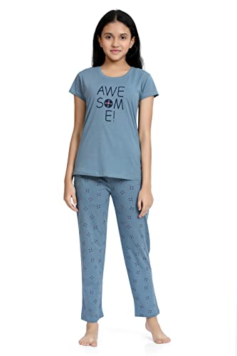 Image of Kids Night Suit for Girls - Cotton Set of Pyjama & T-Shirt Sleepwear - Lightweight & Comfortable Night Wear for Kids