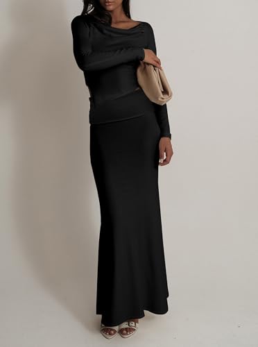 Women's Folded High Waisted Ribbed Knit Maxi Skirt Bodycon Fishtail Long Skirts4