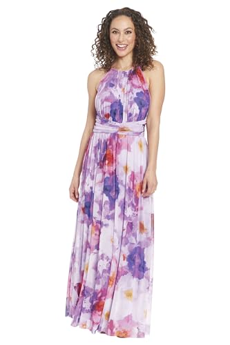 Image of London Times Women's London Times Mesh Halter Maxi Dress with Ruched Waistband Flowy Bohemian Beach Dresses