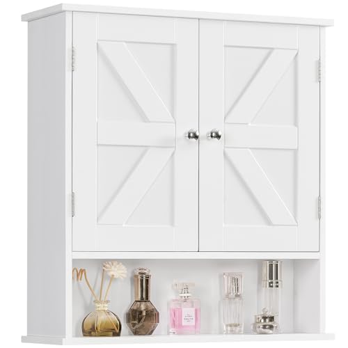 Image of TEENFON Bathroom Wall Cabinet, Bathroom Cabinet with Barn Doors & Adjustable Shelf, Over The Toilet Storage Cabinet, Medicine Cabinet, White UNGGX001WV1