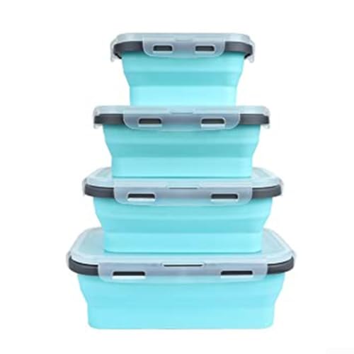 Lot de 4 boîtes alimentaires pliables en silicone - Économie d'espace - Anti-fuite - Avec couvercles - Passe au micro-ondes et au lave-vaisselle - Pour le camping - Bleu – vue 8