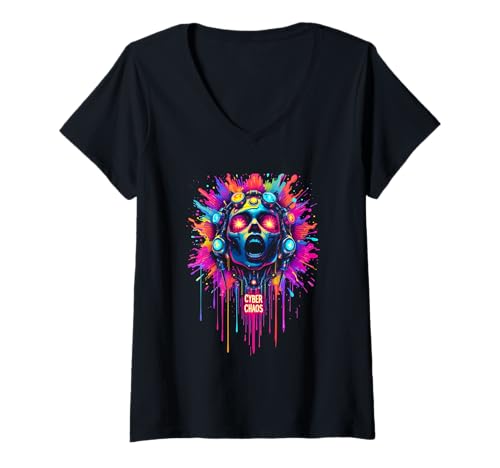 Femme Chaos psychédélique vibrant Cyberpunk Trippy T-Shirt avec Col en V