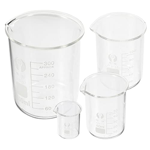 BELLIFFY 4個ガラスビーカー 計量カップ 目盛付き 化学実験用ガラス器具 科学実験 ラボ用品 耐熱 デザイン注ぎ口 さまざまな研究や教育現場に適応