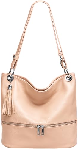 Caspar 2-in-1 Damen Leder Schulter- und Umhängetasche sportlich elegante Handtasche - CLASSIC LINE - Modell No.809 - Made in Italy, Farbe:rosa, Accessoires:One Size