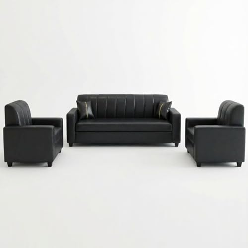 Image of FURNY Cosmos 5 Seater Leatherette 3+1+1 Sofa Set (Black) Premium Leatherette | Durable with Comfort | Ideal for Living Rooms, Offices, Hospitals