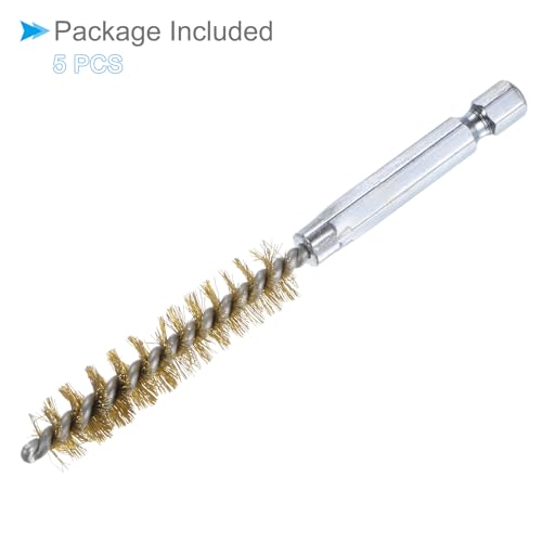 Image of Bore Brush, 11mm Dia 4 Inch Length, Brass Cleaning Wire Brushes with 1 /4 Inch Hex Shank - (Applications: for Power Drill, Die Grinder), 5-Pieces