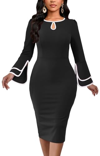 ZonJie Black Church Dresses for Women Bell Sleeves Business Wear to Work Cocktail Party Pencil Casual Dress 409A Black_Medium