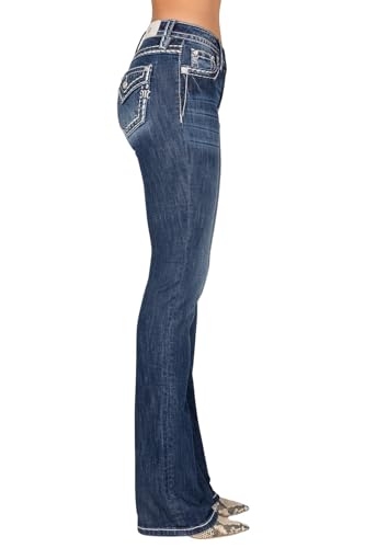 Miss Me Women's Mid-Rise Bootcut Jeans, Blue and White Stitch Border with Faux Flap Pockets, Bootcut Stretch Denim Jeans2