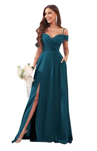 Image of Sukleet Women's Off Shoulder Bridesmaid Dresses Long Slit Chiffon Pleated Evening Formal Dress with Pockets