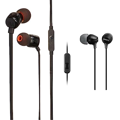JBL T110 Auriculares intraurales universales con Mando a Distancia y micrófono, Color Negro + Sony MDR-EX15AP Auriculares in-Ear (con micrófono), Negro