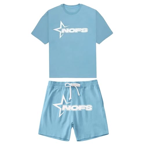 Herren NOFS Trainingsanzug Buchstaben Druck Lose T-Shirt und Jogginghosen Sommer Hip Hop Streetwear Unisex Lässig Oberteile und Sporthosen 2 Stück Anzug Y2K Shorts Set Jogger Tracksuit Freizeitanzug