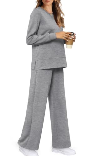 Image of WIHOLL Women's 2 Piece Lounge Sets Sweatshirt Casual Travel Outfits Fashion Wide Leg Tracksuit Cozy Sweatsuits