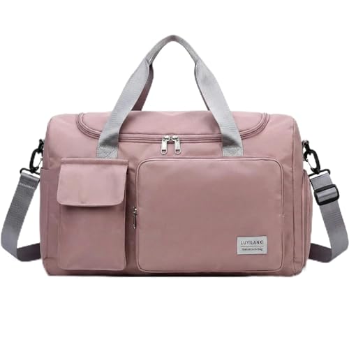 Mala de Mao Compacta de Viagem Feminina Funcional com Alca Transversal Bolsa de Viagem em Nylon Resistente com Bolso para Sapatos Ajustavel Leve e Versatil Ideal e Uso Diario (Rosa/Alça Cinza)