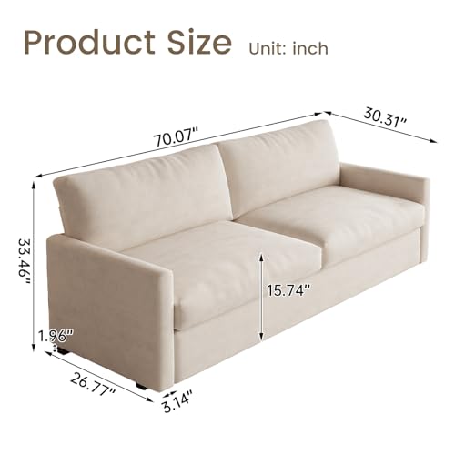 Image of Cloud Loveseat Sofa, 70 inch Contemporary Upholstered Oversized 2-Seater Couch, Comfy Deep Seat Loveseat for Bedroom & Living Room, Soft Polyester Velvet, Cream White