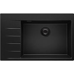 Fregadero Piedra Fregadero Cocina 78 x 50 cm, Fregadero Granito Un Seno + Sifón Clásico, Fregadero Empotrado con Escurridor Sydney 780 Cargo de Primagran, Todo Negro