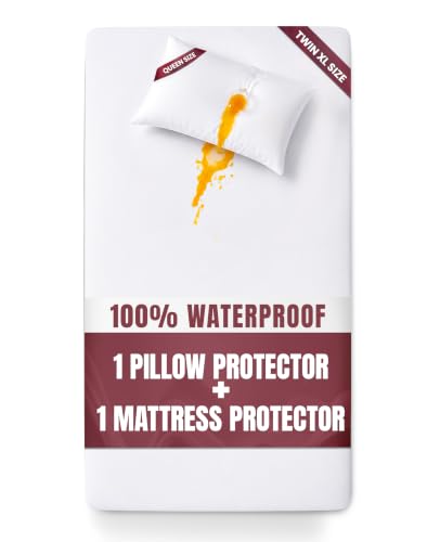 Waterproof Mattress Protector and Pillow Case Twin XL Size Includes +1 Zippered Pillow Protector and 1 Mattress Cover Set Fitted Sheet Style Deep Pockets with All Around Elastic