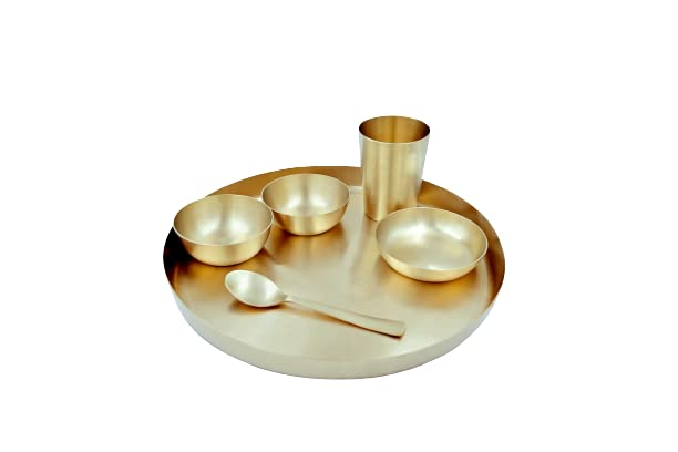 Pure Kansa (Bronze) Solid Dinner Set - 6 Pcs KANSA Utensils Set -1 Thali (Platter) Dai 11 inch,2 Bowl (Katori),1 Sweet Dish,1 Glass(Tumbler),1 Spoon|Matte Finished - Ideal Gift