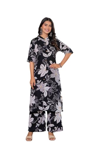Image of Women's Floral Print Rayon Kurta Palazzo, Round Neck Half Sleeve, Regular Fit, Ethnic Casual Wear