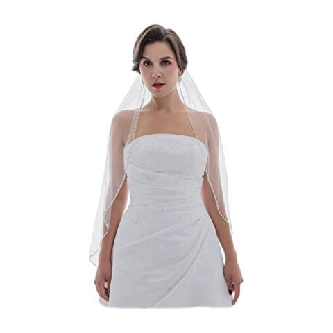 SAMKY 1T 1 Tier Crystal Pearls Beaded Edge Wedding Veil - White - Fingertip Length 36" Cover