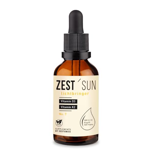 Vitamin D3 / K2 (1020 Tropfen) Vegan – 99,7% All-Trans K2VITAL® von Kappa – D3 aus Flechten – Flüssig, hochdosiert (1000 I.E.), laborgeprüft, Premium Qualität. ZEST'SUN