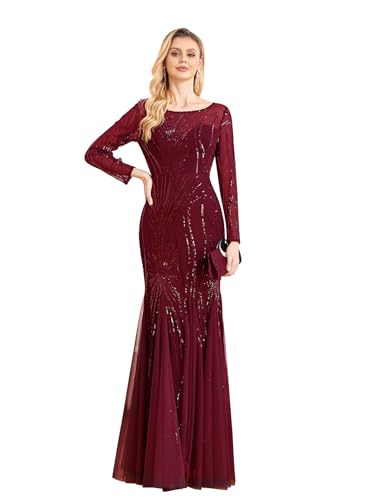 Image of Long Sleeve Sequin Evening Dress Glitter Mermaid Long Gown for Mother of The Bride Or Wedding Guest