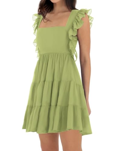 Image of Women's Summer Square Neck Tie Back Ruffle Sleeve Tiered Casual A-Line Short Mini Dress