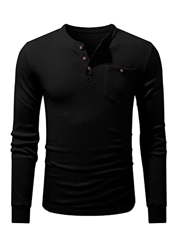Meilicloth Pull Homme T-Shirt à Manches Longues Hiver Coton Waffle Gaufré Bouton Pull Homme Henley Long Sleeves Shirt Casual avec Poche Noire L Cover