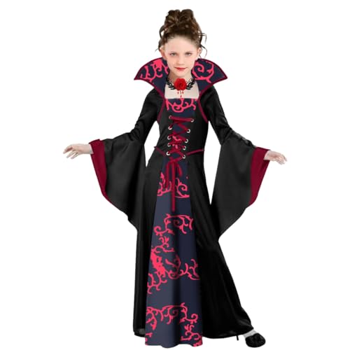 LGZIN Disfraz de Vampiro para Niñas, Disfraz Vampiresa Niña, Vestido de Vampiro con Collar, Gótico Traje Vampiresa Niña, Disfraz de Reina Vampiro Infantil para Halloween Carnaval Cosplay (130)