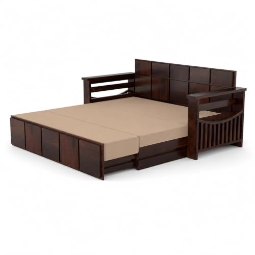 Image of Kunjal Furniture Solid Sheesham Wood Sofa Cum Bed with Storage for Living Room | 3-Seater Convertible Sofa Bed | Handmade Wooden Furniture (Walnut, Contemporary)(Beige)