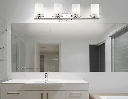 Image of JONATHAN Y Fairfax 4-Light Bathroom Vanity Light 32 inch Metal /Glass, Chrome | Art Deco Style, Frosted White Cylinder Shades, Dimmable, LED Bulbs Included, Hardwired Mirror Wall Sconce