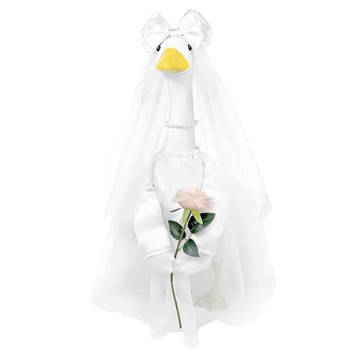 Bride Porch Goose Outfit, 3 Pcs Wedding Goose Clothes with Bow Headband, Pearl Necklace & Rose Dress, Cute Bridal Goose Costume Fits 23 Inch Lawn Statue for Yard Patio Garden Wedding Decor