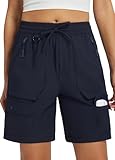 Libin Women's Hiking Long Shorts 7' Quick Dry Cargo Zipper Pockets Water Resistant Bermuda Shorts Lightweight Elastic Waist Loose Fit UPF 50+, Navy M