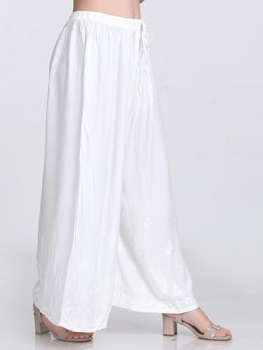 Image of Khaka Women's Lucknowi Chikankari Handwork Cotton Palazzo | Soft Cotton Fabric | Free Size Fits Waist 26-46 Inches | White